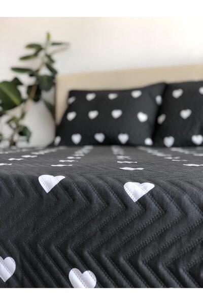 Bella Home Set cuvertură de pat pentru o persoană, 2 piese, cu inimă - 160x240 cm - alb-negru cu geantă din PVC