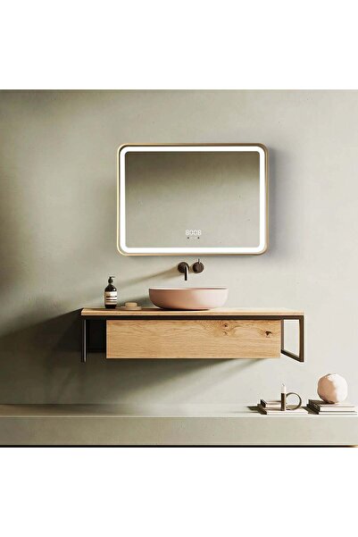 shark design Oglindă LED dreptunghiulară 80x60 cm cu ramă aurie, senzor de mi...