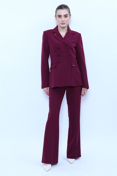 ÖNDER ÖZSOY Erkek Yaka Blazer Ceket & Kemerli İspanyol Paça Pantolon-Mürdüm