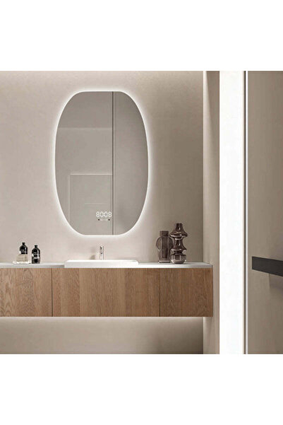 shark design Oglindă LED ovală 60×80 cm, senzor de mișcare Premium – 3 tipuri de lumină, reglabilă intensitatea luminii, ceas și temperatură, D