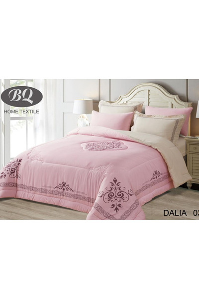 BQ Home Textile The pink bedspread set shown is a product of BQ Home Textile, bearing the design name Dalia 03.