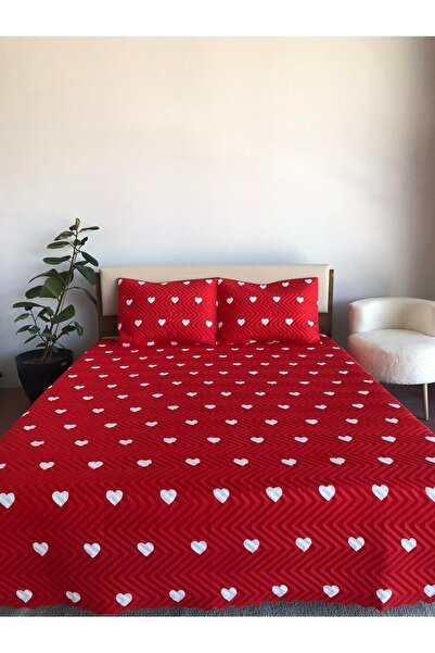 Bella Home Heart Double 3 Piece Bedspread Set - 200X240 cm - Red and White with Pvc Bag