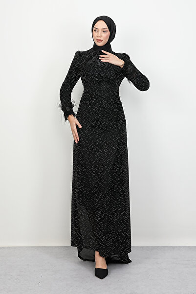 Lamia Giyim Tüylü Drapeli Elbise Siyah