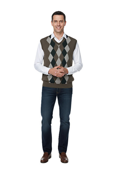 Oppland Men's Winter Sweater Relaxed Fit Knitwear Woven V-Neck Classic Argyle Pattern