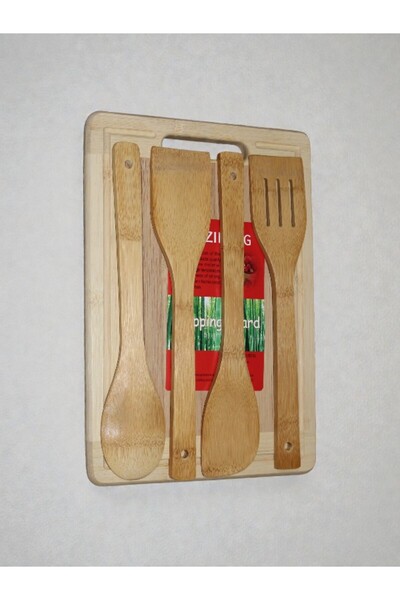 WDA لوح تقطيع من الخيزران مع مجموعة أدوات طهي خشبية مكونة من 4 قطع – مجموعة م...