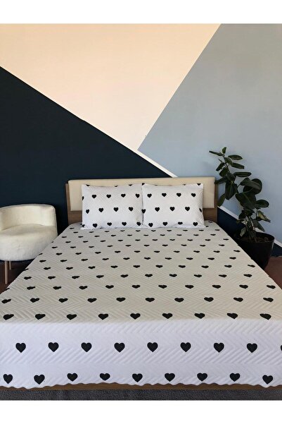 Bella Home طقم مفرش سرير مزدوج مكون من 3 قطع على شكل قلب - 200 × 240 سم - أبيض وأسود مع حقيبة بي في سي
