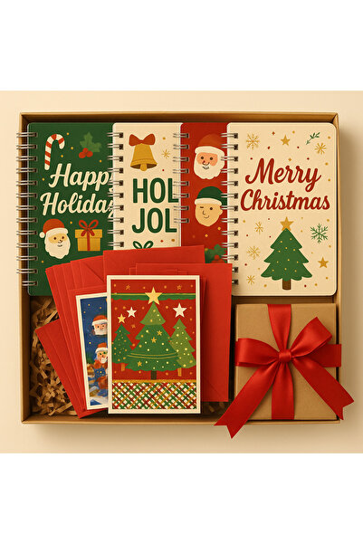 Panda Yılbaşı Hediye Seti – 4’lü Spiralli Defter + Kartpostal & Zarf Seti – Yeni Yıl Temalı Özel Kutu”