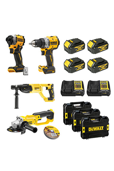 Dewalt 18V 4'lü Set (Darbesiz Matkap, Torklu Vidalama, Taşlama, Kırıcı-Delici, 4 Akü, 2 Şarj Cihazı)