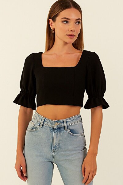 Giyimodam Square Neck Short Half Sleeve Ruffle Detail Crop Top Black