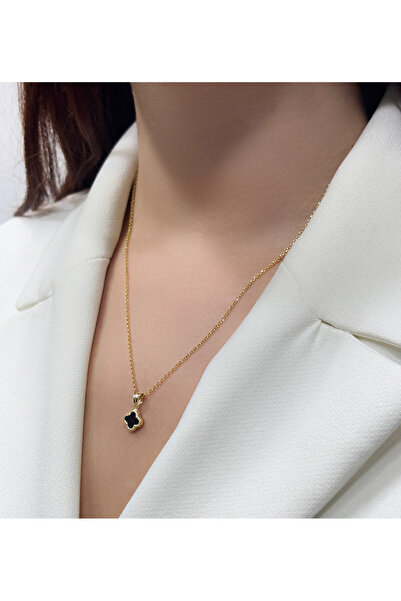 DİAMİNE PIRLANTA 14 Ayar Altın Doç Zincir Siyah Yonca Kolye