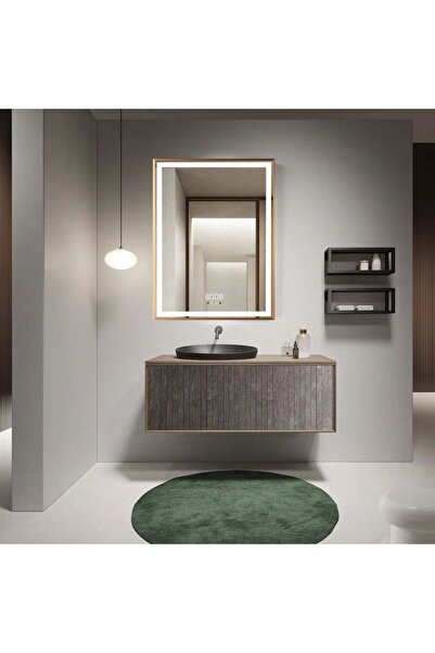 shark design Oglindă LED dreptunghiulară 60×80 cm cu ramă aurie, senzor de mișcare - 3 tipuri de lumină, reglabilă intensitatea luminii, ceas și televizor