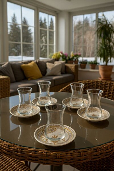 Davet طقم شاي 12 قطعة موديل باشاك - طقم شاي 12 قطعة - 6 أطباق بورسلين و6 أكواب زجاجية