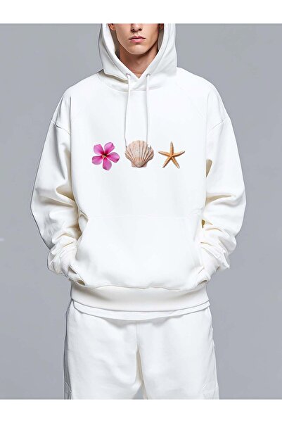 MIXSNOW سويت شيرت بغطاء رأس مطبوع قصة فضفاضة : بنقوش زهور وأصداف ونجم البحر -...