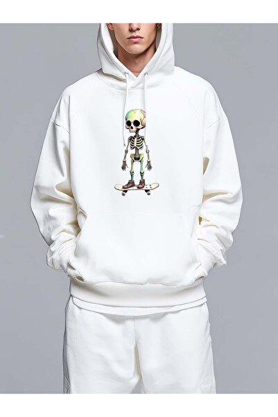 MIXSNOW سويت شيرت بغطاء رأس مطبوع قصة فضفاضة هيكل عظمي يقف على لوح تزلج - تصم...