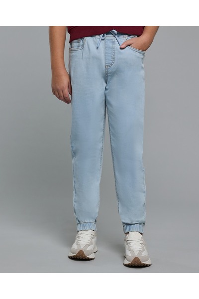 R&B بنطال جينز رياضي مغسول بخصر برباط