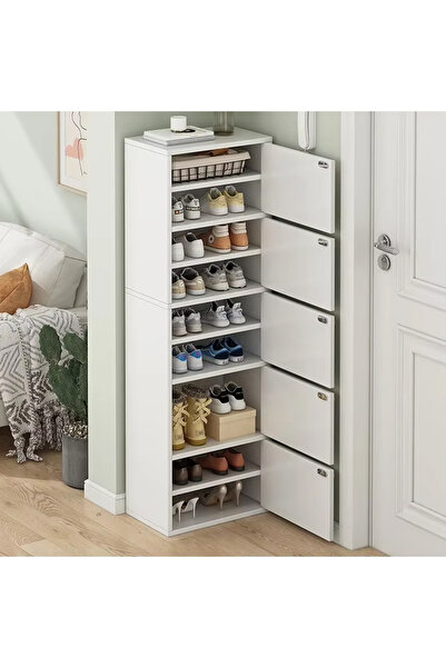 NKX رف أحذية صغير الحجم، موفر للمساحة، مناسب للمداخل الضيقة، أبيض اللون، مقاوم للغبار، مزود بأدراج، 42 × 30 × 147 سم