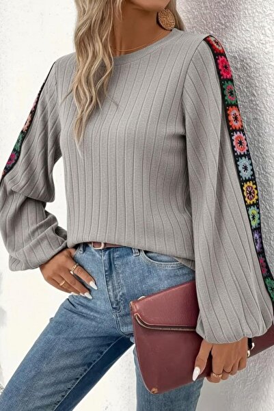 Mossta Boat Neck Knit Detailed Shirred Plunge Blouse - Gray