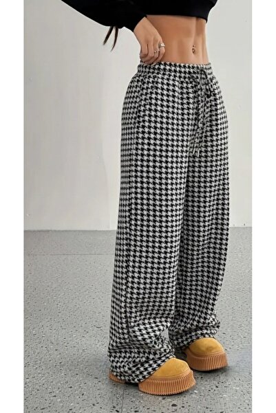 Deridün Yıldız Shoes Women's High Waist Elastic Lace-Up Wide Cut Houndstooth Diver Pants