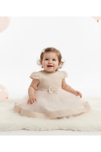 MİNİMONY 0-24 Yaş Kız Bebek Çocuk Tül Abiye Elbise Pembe 1040