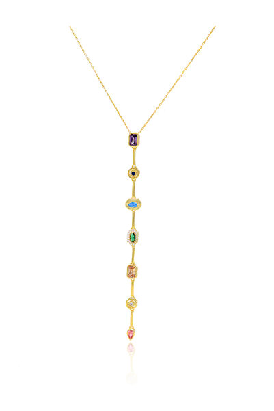 Midyat Nurtaş Gümüş 7 Elementli Renkli Zirkon Taşlı Özel Y Tasarım Gümüş Koly...