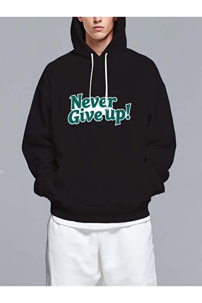 MIXSNOW سويت شيرت بغطاء رأس مطبوع قصة فضفاضة عبارة "لا تستسلم أبدًا" - تصميم ...