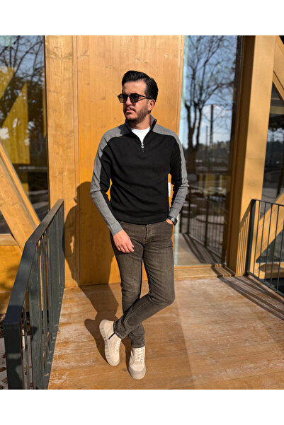 Avni Ceylan Men's Shoulder Stripe Half Zipper Knit Sweater