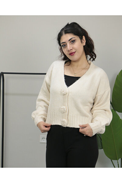 Femella Women Fashion Winter Thick Knit Cardigan with Rose Detail on the Front and Snap Closure