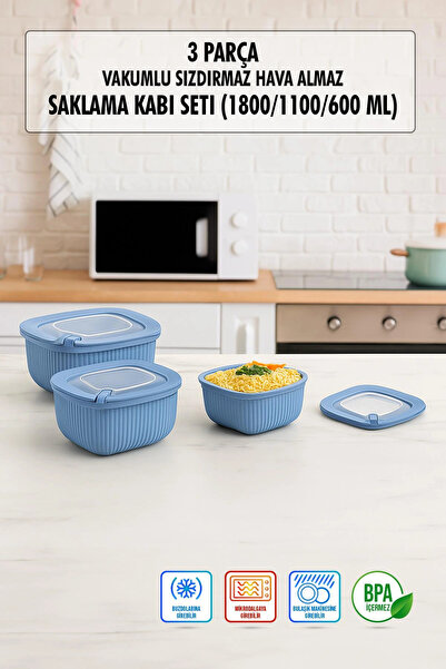 Depa Square 3 Piece Vacuum Sealed Air-Free Storage Container Set Blue (1800/1...