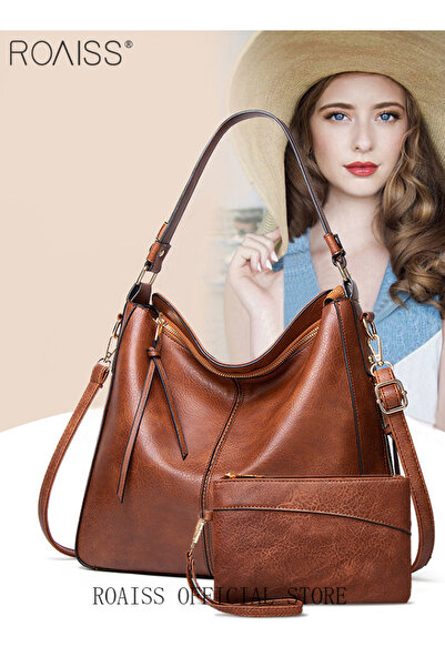 ROAISS Large PU Leather Totes Set(Tote bag and Clutch bag) Shoulder Bags Ladies Crossbody Handbags Purse fo