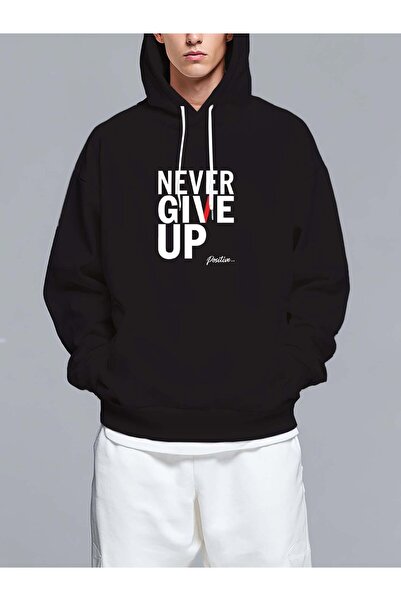 MIXSNOW سويت شيرت بغطاء رأس مطبوع قصة فضفاضة عبارة "لا تستسلم أبدًا" - تصميم ...