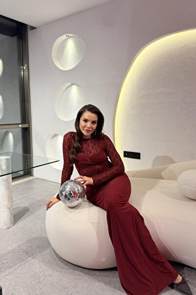 Gizem Ecemiş Quince Bordo Dantelli Maxi Elbise