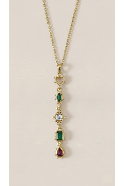 Lune Design Colorful Stone Long Dangle Heart Drop Zircon Detailed Steel Y Necklace