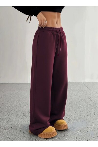 Deridün Yıldız Shoes Women's High Waist Elastic Lace-Up Wide Cut Diver Plum Pants