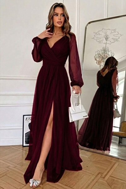 Mossta Double-Breasted Collar Tulle Long Imported Crepe Dress - Burgundy