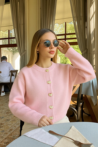 ÖZKURTOĞLU COLLECTİON Kalp Düğme Detaylı Bordo Triko Kadın Hırka