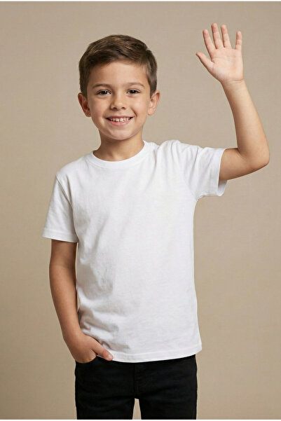 nacar çarşı Παιδικό λευκό βαμβακερό μπλουζάκι με κοντό μανίκι Basic T-Shirt 2...