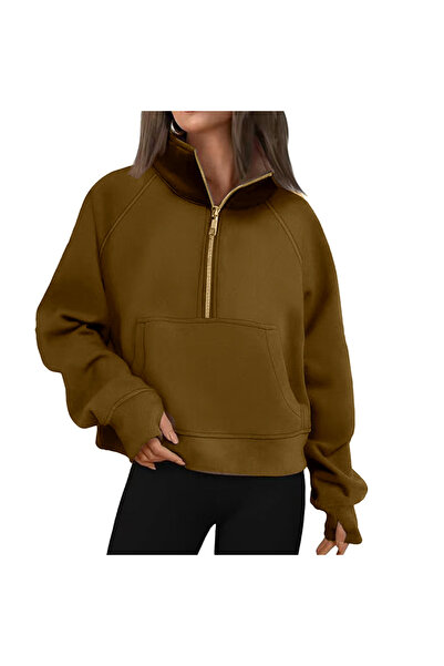 NO BRAND كنزة نسائية قصيرة بغطاء رأس رأس وسحاب، مبطنة بالفرو، سميكة، مع