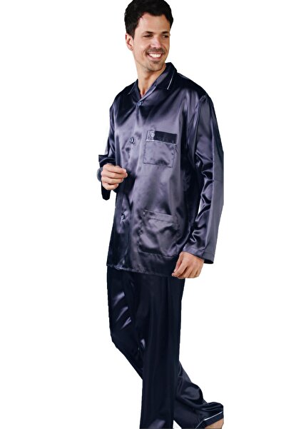 ANCELO Erkek Saten Pijama Takım, Boydan Düğmeli ve Cep Detaylı