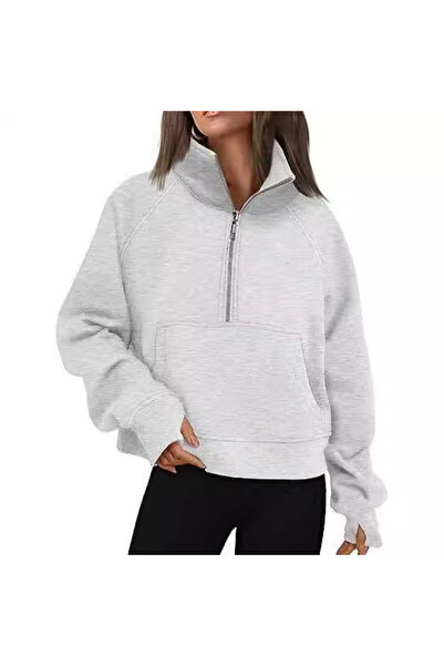 NO BRAND كنزة نسائية قصيرة بغطاء رأس رأس وسحاب، مبطنة بالفرو، سميكة، مع