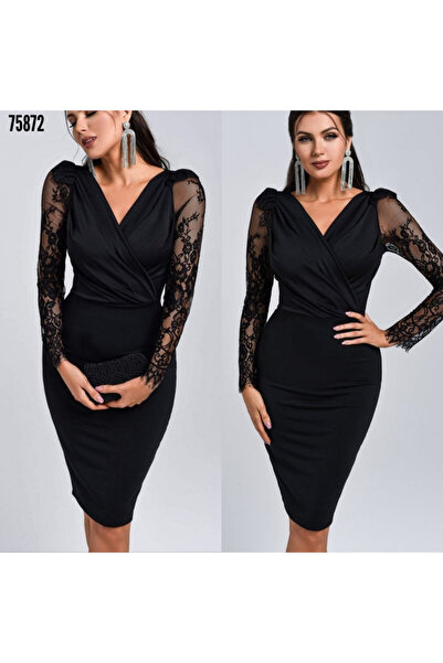 Modayakamoz Yeni Sezon Trend Kadın Kruvaze Yaka Uzun Kollu Tül Detay Krep Mini Elbise