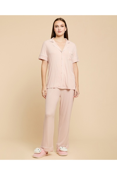 R&B طقم بيجاما نسائي بلون وردي فاتح مضلع