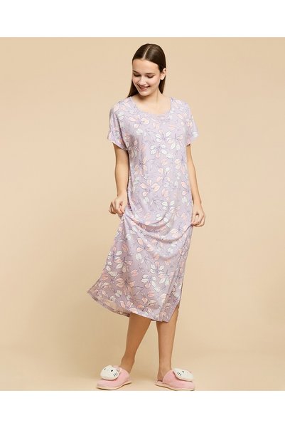 R&B Printed Nightdress With V-Neck And Short Sleeves