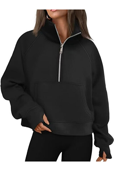 NO BRAND كنزة نسائية قصيرة بغطاء رأس رأس وسحاب، مبطنة بالفرو، سميكة، مع