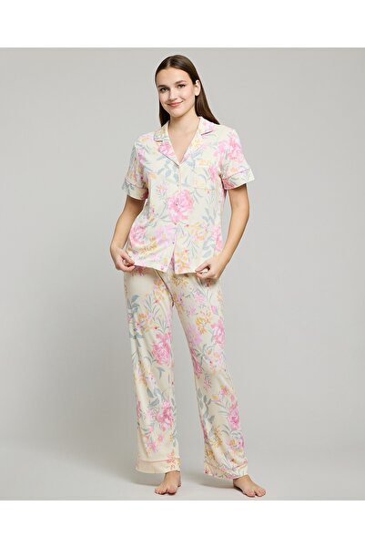 R&B طقم بيجاما نسائي مطبوع باللون الأصفر الفاتح