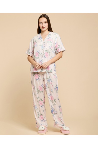 R&B طقم بيجاما نسائي مطبوع باللون الوردي الفاتح