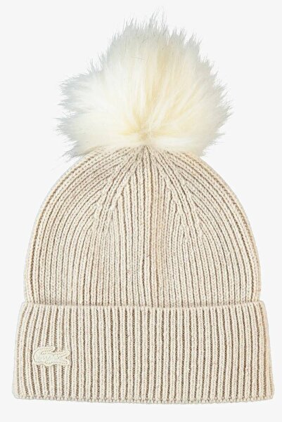 Lacoste Embroidery Logo Wool Silk Blend Pompom Unisex Beanie Beige