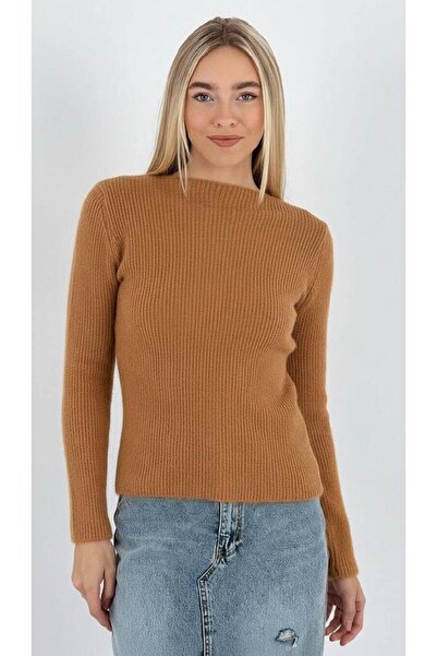 Miss Poem Women's Winter Crew Neck Corded Fabric Camel Knitwear Sweater