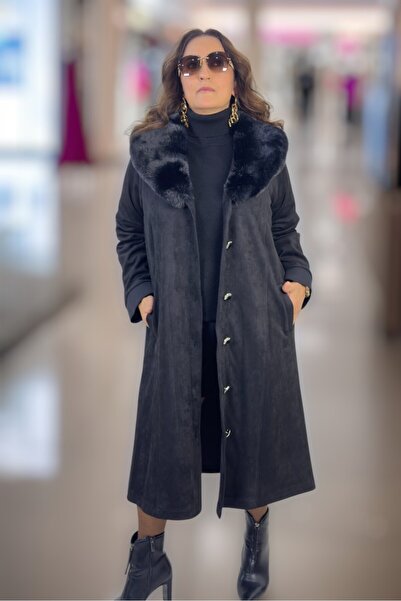 yagmurberen Removable Fur Collar Unpadded Pocketed Plus Size Women's Suede Coat