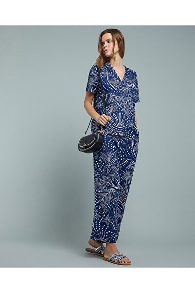 R&B بنطال أرجل واسعة من الكتان المنقوش مع رباط عند الخصر