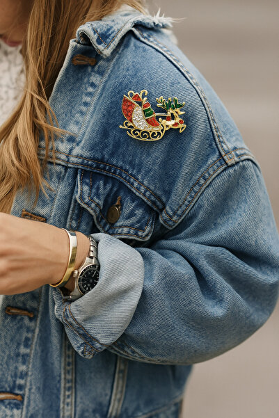 Teo Yılbaşı Geyik ve Kızak Figürlü Taşlı Broş